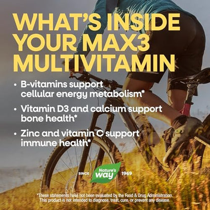 Nature's Way Alive! Max3 Tagesmultivitamin, Hochdosiertes Multivitamin für Erwachsene zur Unterstützung des Zellstoffwechsels, der Herz- und Muskelfunktion für Frauen und Männer*, Ohne Eisen, 90 Tabletten