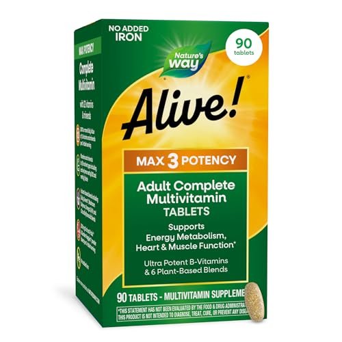 Nature's Way Alive! Max3 Tagesmultivitamin, Hochdosiertes Multivitamin für Erwachsene zur Unterstützung des Zellstoffwechsels, der Herz- und Muskelfunktion für Frauen und Männer*, Ohne Eisen, 90 Tabletten