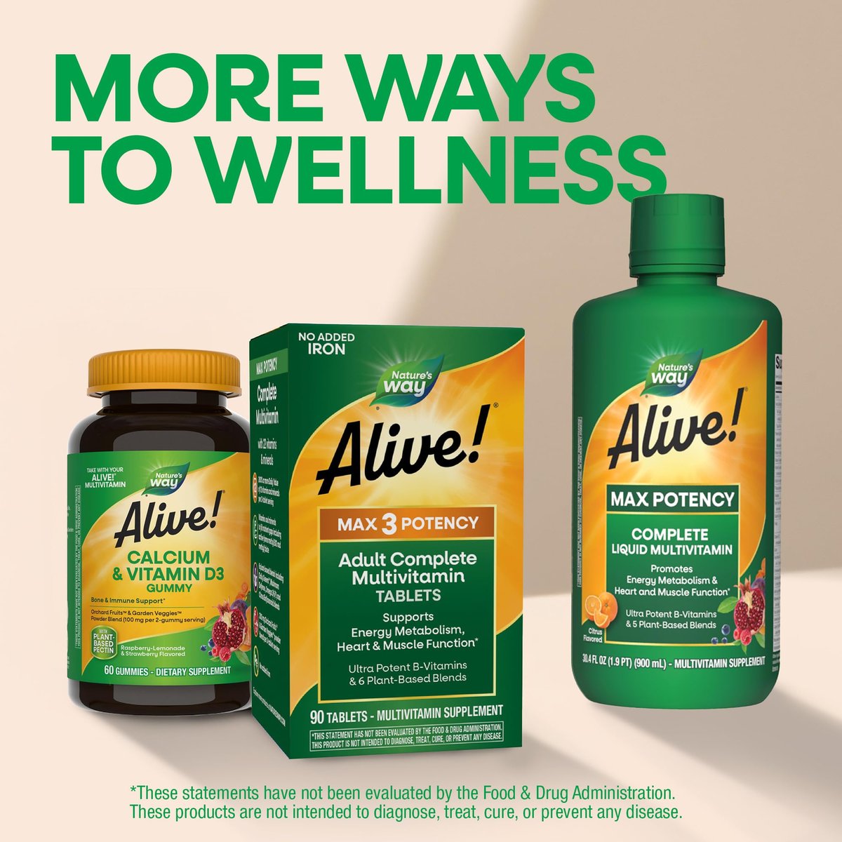 Nature's Way Alive! Max3 Tagesmultivitamin, Hochdosiertes Multivitamin für Erwachsene zur Unterstützung des Zellstoffwechsels, der Herz- und Muskelfunktion für Frauen und Männer*, Ohne Eisen, 90 Tabletten