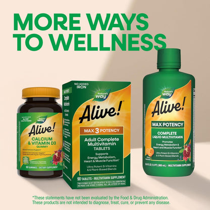 Nature's Way Alive! Max3 Tagesmultivitamin, Hochdosiertes Multivitamin für Erwachsene zur Unterstützung des Zellstoffwechsels, der Herz- und Muskelfunktion für Frauen und Männer*, Ohne Eisen, 90 Tabletten