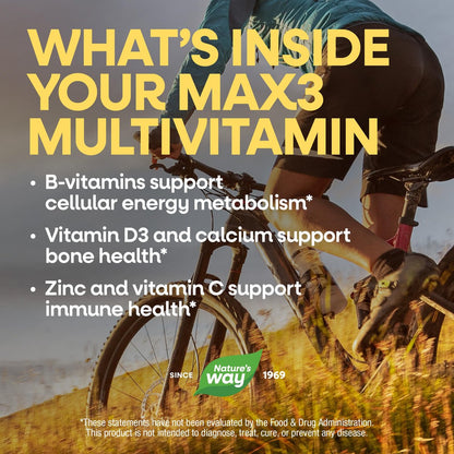 Nature's Way Alive! Max3 Tagesmultivitamin, Hochdosiertes Multivitamin für Erwachsene zur Unterstützung des Zellstoffwechsels, der Herz- und Muskelfunktion für Frauen und Männer*, Ohne Eisen, 90 Tabletten
