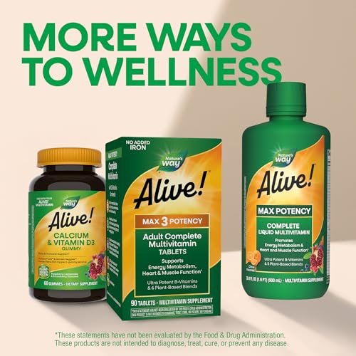 Nature's Way Alive! Max3 Tagesmultivitamin, Hochdosiertes Multivitamin für Erwachsene zur Unterstützung des Zellstoffwechsels, der Herz- und Muskelfunktion für Frauen und Männer*, Ohne Eisen, 90 Tabletten