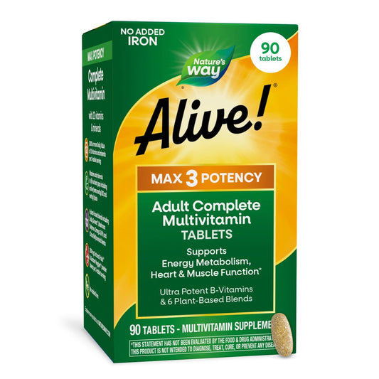 Nature's Way Alive! Max3 Tagesmultivitamin, Hochdosiertes Multivitamin für Erwachsene zur Unterstützung des Zellstoffwechsels, der Herz- und Muskelfunktion für Frauen und Männer*, Ohne Eisen, 90 Tabletten