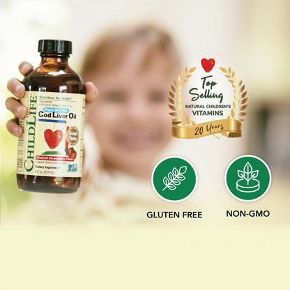 ChildLife Essentials Lebertran Fischöl für Kinder – Arktisches Lebertran-Öl für Babys ab 6 Monaten & Kleinkinder, mit DHA, EPA, Omega-3-Fettsäuren – Erdbeergeschmack, 237 ml