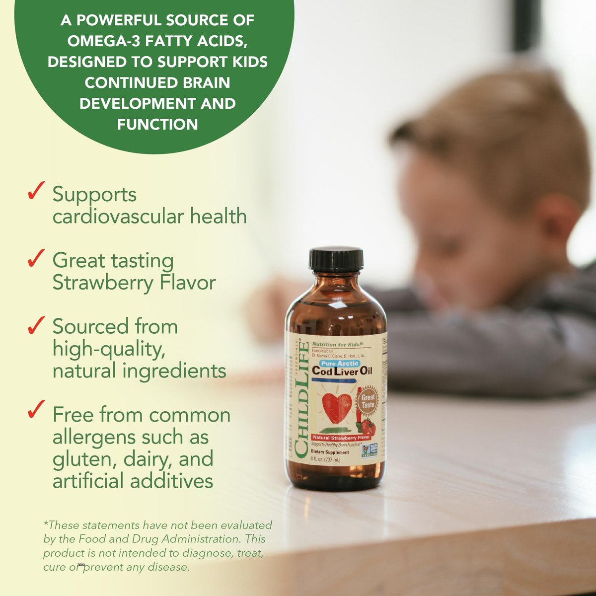 ChildLife Essentials Lebertran Fischöl für Kinder – Arktisches Lebertran-Öl für Babys ab 6 Monaten & Kleinkinder, mit DHA, EPA, Omega-3-Fettsäuren – Erdbeergeschmack, 237 ml