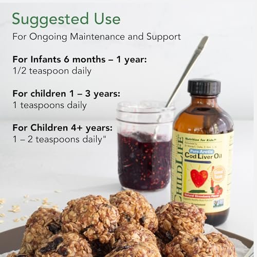 ChildLife Essentials Lebertran Fischöl für Kinder – Arktisches Lebertran-Öl für Babys ab 6 Monaten & Kleinkinder, mit DHA, EPA, Omega-3-Fettsäuren – Erdbeergeschmack, 237 ml