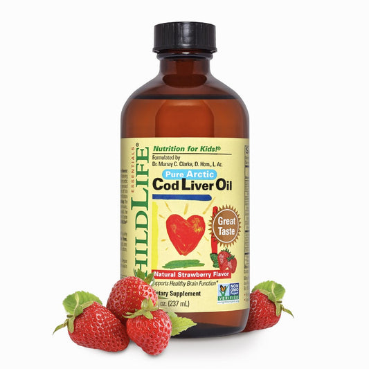 ChildLife Essentials Lebertran Fischöl für Kinder – Arktisches Lebertran-Öl für Babys ab 6 Monaten & Kleinkinder, mit DHA, EPA, Omega-3-Fettsäuren – Erdbeergeschmack, 237 ml