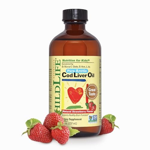 ChildLife Essentials Lebertran Fischöl für Kinder – Arktisches Lebertran-Öl für Babys ab 6 Monaten & Kleinkinder, mit DHA, EPA, Omega-3-Fettsäuren – Erdbeergeschmack, 237 ml