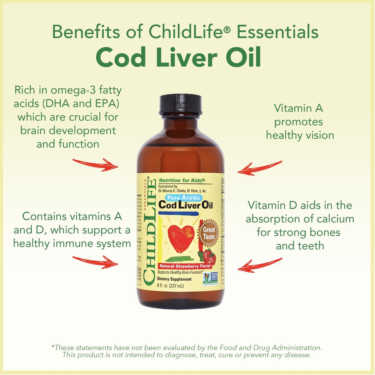 ChildLife Essentials Lebertran Fischöl für Kinder – Arktisches Lebertran-Öl für Babys ab 6 Monaten & Kleinkinder, mit DHA, EPA, Omega-3-Fettsäuren – Erdbeergeschmack, 237 ml