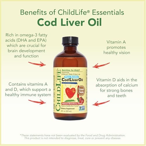 ChildLife Essentials Lebertran Fischöl für Kinder – Arktisches Lebertran-Öl für Babys ab 6 Monaten & Kleinkinder, mit DHA, EPA, Omega-3-Fettsäuren – Erdbeergeschmack, 237 ml