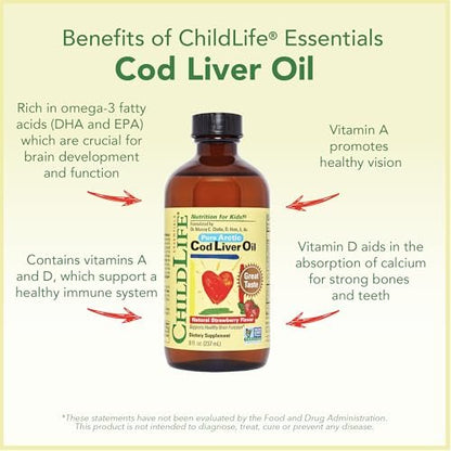 ChildLife Essentials Lebertran Fischöl für Kinder – Arktisches Lebertran-Öl für Babys ab 6 Monaten & Kleinkinder, mit DHA, EPA, Omega-3-Fettsäuren – Erdbeergeschmack, 237 ml
