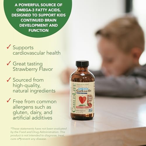 ChildLife Essentials Lebertran Fischöl für Kinder – Arktisches Lebertran-Öl für Babys ab 6 Monaten & Kleinkinder, mit DHA, EPA, Omega-3-Fettsäuren – Erdbeergeschmack, 237 ml