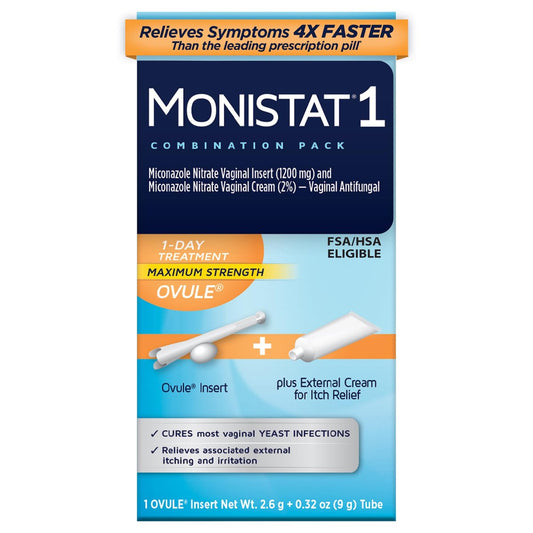 Monistat 1-Tag Behandlung gegen Scheidenpilzinfektionen für Frauen, 1 Miconazol-Ovulum & äußere Juckreiz-Creme (9g Tube) Kombipackung, maximale Stärke