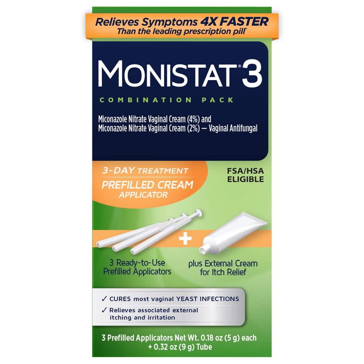 Monistat 3-Tage Vaginalpilzbehandlung für Frauen, 3 vorgefüllte Miconazol-Cremes und äußerliche Juckreizlinderung (9g Tube), reguläre Stärke