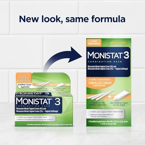 Monistat 3-Tage Vaginalpilzbehandlung für Frauen, 3 vorgefüllte Miconazol-Cremes und äußerliche Juckreizlinderung (9g Tube), reguläre Stärke