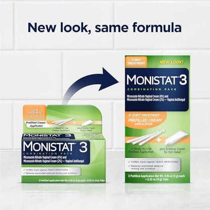 Monistat 3-Tage Vaginalpilzbehandlung für Frauen, 3 vorgefüllte Miconazol-Cremes und äußerliche Juckreizlinderung (9g Tube), reguläre Stärke