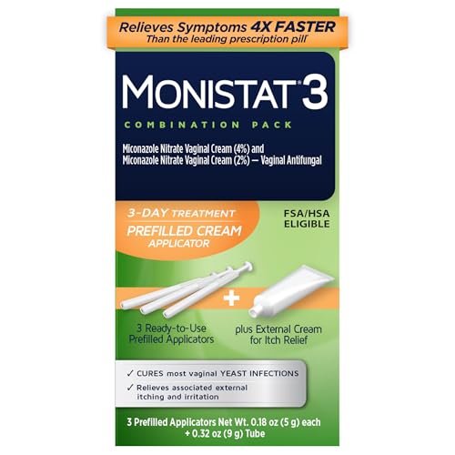 Monistat 3-Tage Vaginalpilzbehandlung für Frauen, 3 vorgefüllte Miconazol-Cremes und äußerliche Juckreizlinderung (9g Tube), reguläre Stärke