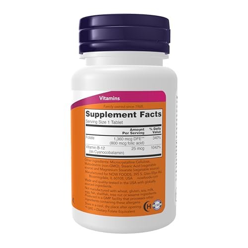 NOW Foods Folsäure 800 mcg + B-12 25 mcg, B-Komplex-Vitamin, 250 Tabletten