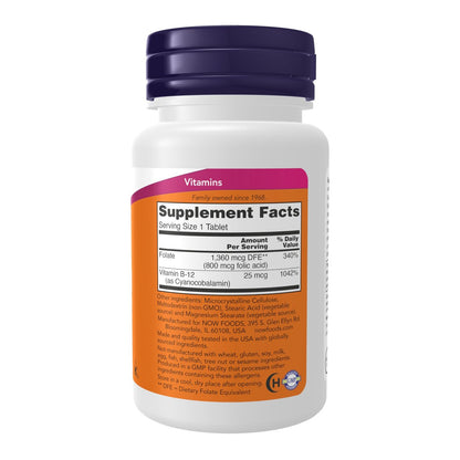 NOW Foods Folsäure 800 mcg + B-12 25 mcg, B-Komplex-Vitamin, 250 Tabletten