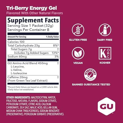 GU Energy Original Sports Nutrition Energy Gel, Vegan, Glutenfrei, Koscher & Laktosefrei – 8er-Pack Tri-Berry für unterwegs