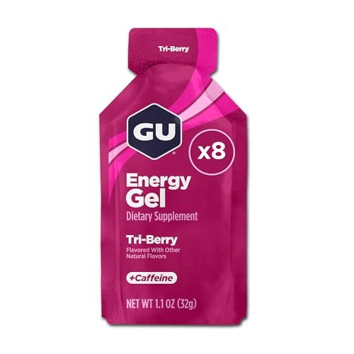 GU Energy Original Sports Nutrition Energy Gel, Vegan, Glutenfrei, Koscher & Laktosefrei – 8er-Pack Tri-Berry für unterwegs