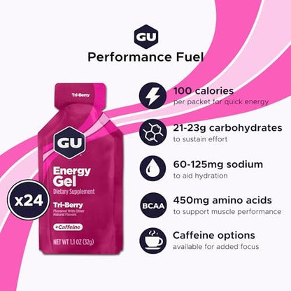 GU Energy Original Sports Nutrition Energy Gel, Vegan, Glutenfrei, Koscher & Laktosefrei – 8er-Pack Tri-Berry für unterwegs