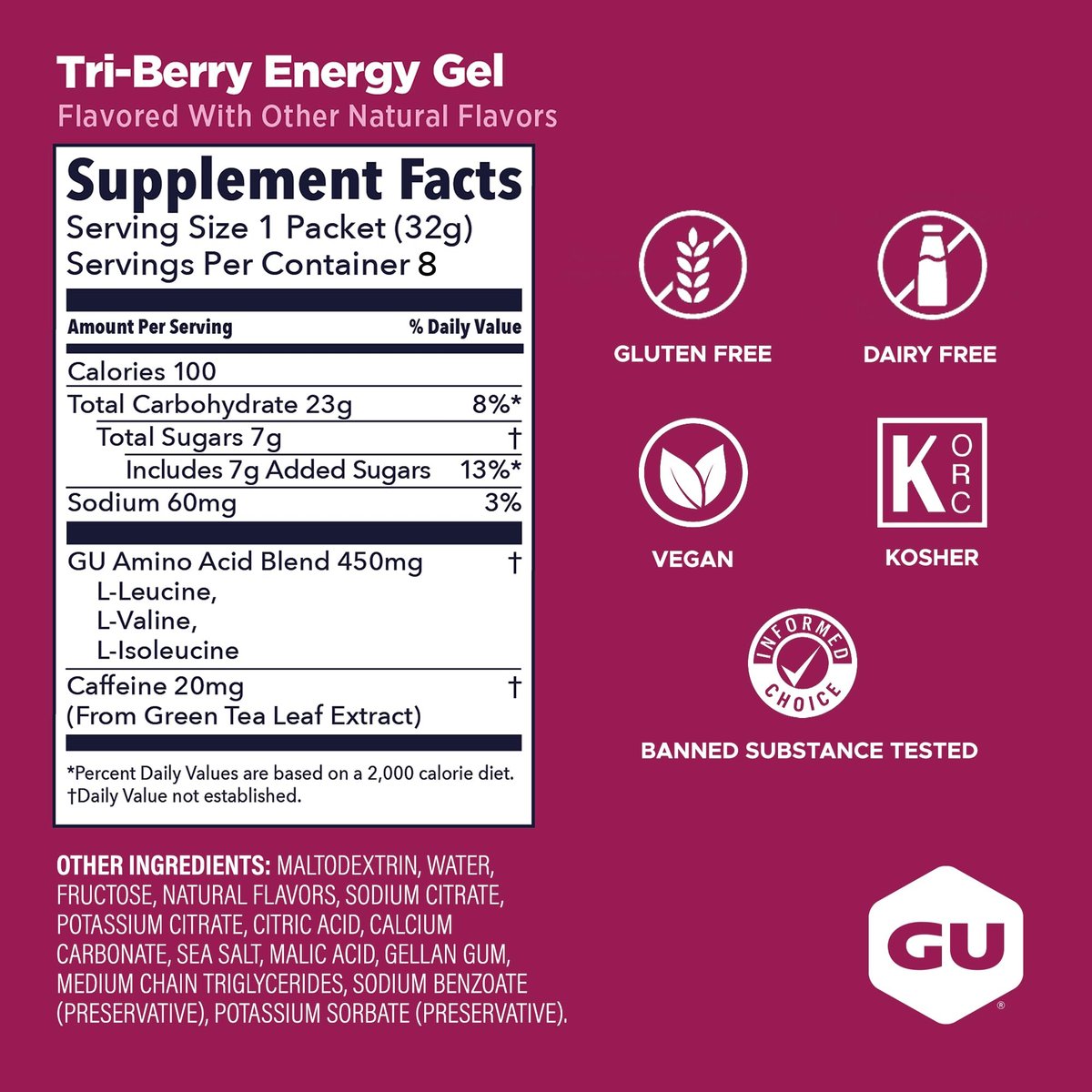 GU Energy Original Sports Nutrition Energy Gel, Vegan, Glutenfrei, Koscher & Laktosefrei – 8er-Pack Tri-Berry für unterwegs