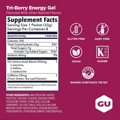 GU Energy Original Sports Nutrition Energy Gel, Vegan, Glutenfrei, Koscher & Laktosefrei – 8er-Pack Tri-Berry für unterwegs