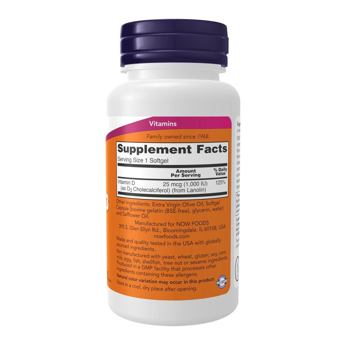 NOW Foods Vitamin D-3 1.000 IE – Hochdosiert, 180 Weichkapseln für starke Knochen & Immunsystem