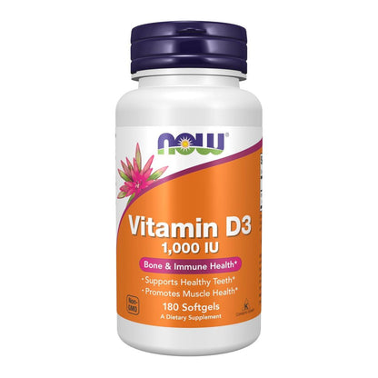 NOW Foods Vitamin D-3 1.000 IE – Hochdosiert, 180 Weichkapseln für starke Knochen & Immunsystem