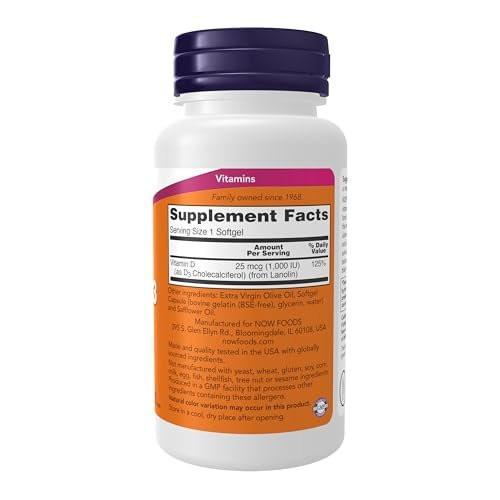 NOW Foods Vitamin D-3 1.000 IE – Hochdosiert, 180 Weichkapseln für starke Knochen & Immunsystem