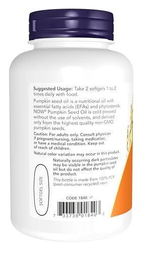 NOW Supplements, Kürbiskernöl 1000 mg mit essentiellen Fettsäuren und Phytosterinen, kaltgepresst, 100 Weichkapseln