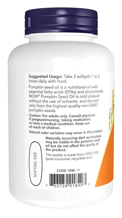 NOW Supplements, Kürbiskernöl 1000 mg mit essentiellen Fettsäuren und Phytosterinen, kaltgepresst, 100 Weichkapseln