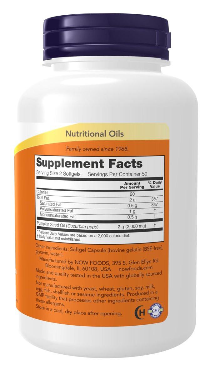 NOW Supplements, Kürbiskernöl 1000 mg mit essentiellen Fettsäuren und Phytosterinen, kaltgepresst, 100 Weichkapseln