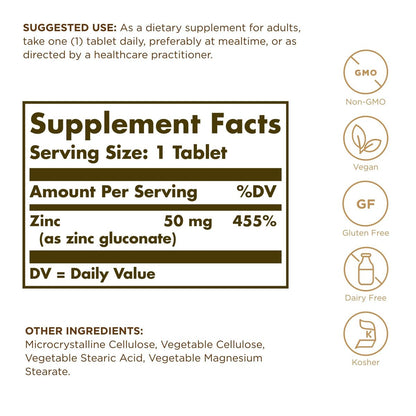 Solgar Zink 50 mg, 100 Tabletten – Hochdosiertes Zink für gesunde Haut, Geschmackssinn & Sehkraft – Unterstützt Immunsystem & Zellwachstum – Vegan, Glutenfrei, Non-GMO