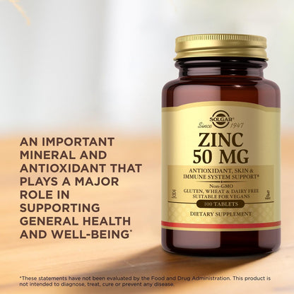 Solgar Zink 50 mg, 100 Tabletten – Hochdosiertes Zink für gesunde Haut, Geschmackssinn & Sehkraft – Unterstützt Immunsystem & Zellwachstum – Vegan, Glutenfrei, Non-GMO