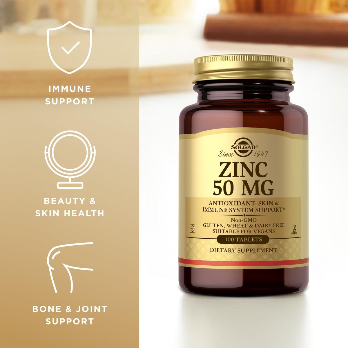 Solgar Zink 50 mg, 100 Tabletten – Hochdosiertes Zink für gesunde Haut, Geschmackssinn & Sehkraft – Unterstützt Immunsystem & Zellwachstum – Vegan, Glutenfrei, Non-GMO