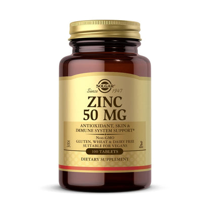 Solgar Zink 50 mg, 100 Tabletten – Hochdosiertes Zink für gesunde Haut, Geschmackssinn & Sehkraft – Unterstützt Immunsystem & Zellwachstum – Vegan, Glutenfrei, Non-GMO