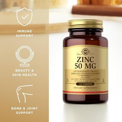 Solgar Zink 50 mg, 100 Tabletten – Hochdosiertes Zink für gesunde Haut, Geschmackssinn & Sehkraft – Unterstützt Immunsystem & Zellwachstum – Vegan, Glutenfrei, Non-GMO