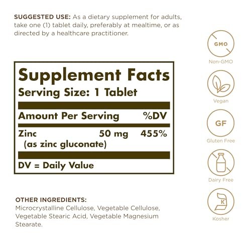 Solgar Zink 50 mg, 100 Tabletten – Hochdosiertes Zink für gesunde Haut, Geschmackssinn & Sehkraft – Unterstützt Immunsystem & Zellwachstum – Vegan, Glutenfrei, Non-GMO