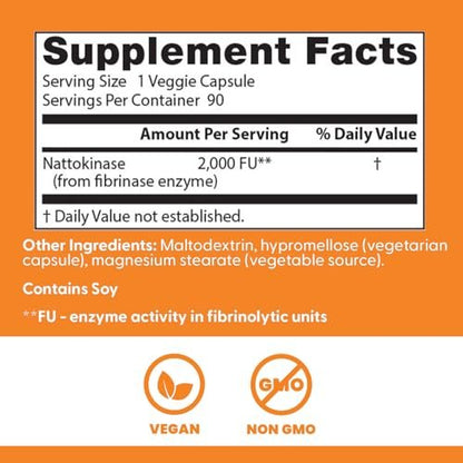 Doctor's Best Nattokinase 2000 FU - Nahrungsergänzungsmittel für Männer & Frauen - Unterstützt Blutfluss, Herzgesundheit & gesunde Durchblutung - Nattokinase-Enzym aus japanischem Natto - 90 vegane Kapseln