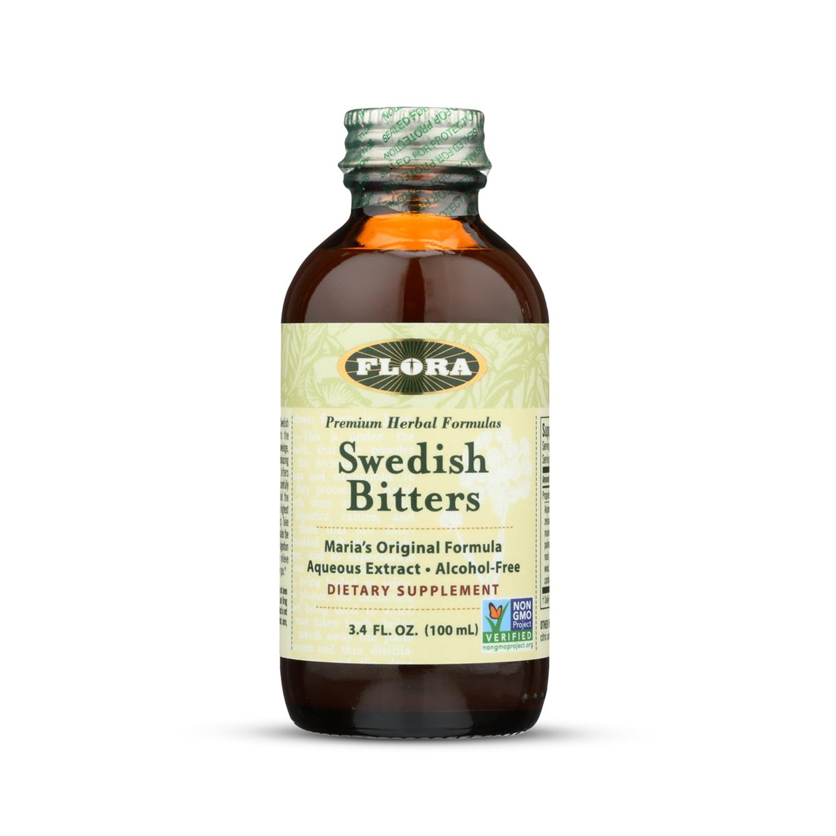 Flora Swedish Bitters zur Verdauung – Alkoholfreie Bittertropfen für Blähungen & Verdauung, Originalrezept von Maria, wässriger Extrakt, vegan, koscher, ohne Gentechnik, 100 ml Glasflasche
