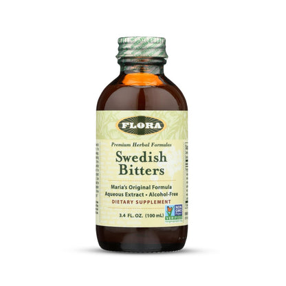 Flora Swedish Bitters zur Verdauung – Alkoholfreie Bittertropfen für Blähungen & Verdauung, Originalrezept von Maria, wässriger Extrakt, vegan, koscher, ohne Gentechnik, 100 ml Glasflasche