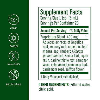 Flora Swedish Bitters zur Verdauung – Alkoholfreie Bittertropfen für Blähungen & Verdauung, Originalrezept von Maria, wässriger Extrakt, vegan, koscher, ohne Gentechnik, 100 ml Glasflasche
