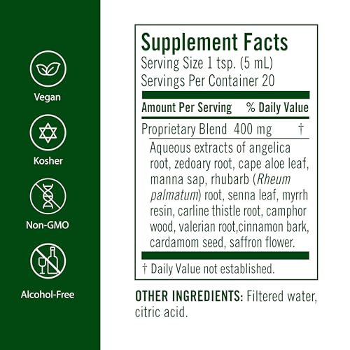 Flora Swedish Bitters zur Verdauung – Alkoholfreie Bittertropfen für Blähungen & Verdauung, Originalrezept von Maria, wässriger Extrakt, vegan, koscher, ohne Gentechnik, 100 ml Glasflasche