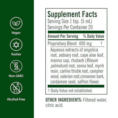 Flora Swedish Bitters zur Verdauung – Alkoholfreie Bittertropfen für Blähungen & Verdauung, Originalrezept von Maria, wässriger Extrakt, vegan, koscher, ohne Gentechnik, 100 ml Glasflasche