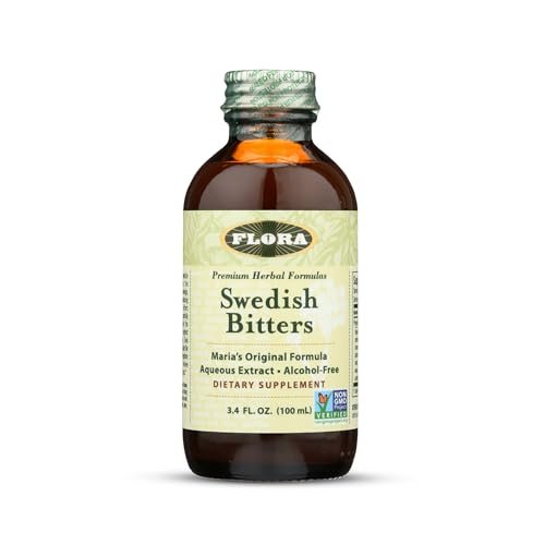 Flora Swedish Bitters zur Verdauung – Alkoholfreie Bittertropfen für Blähungen & Verdauung, Originalrezept von Maria, wässriger Extrakt, vegan, koscher, ohne Gentechnik, 100 ml Glasflasche