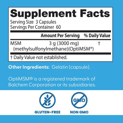 Doctor's Best MSM Kapseln – 3000 mg pro Portion, unterstützt Haar, Haut, Nägel und Gelenke, mit OptiMSM, glutenfrei, Non-GMO – 180 Kapseln
