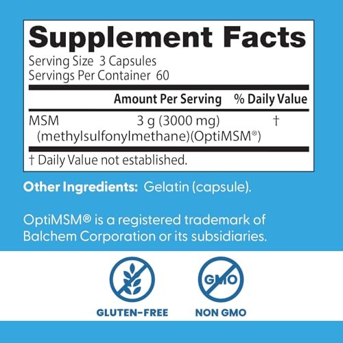 Doctor's Best MSM Kapseln – 3000 mg pro Portion, unterstützt Haar, Haut, Nägel und Gelenke, mit OptiMSM, glutenfrei, Non-GMO – 180 Kapseln