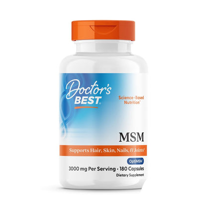 Doctor's Best MSM Kapseln – 3000 mg pro Portion, unterstützt Haar, Haut, Nägel und Gelenke, mit OptiMSM, glutenfrei, Non-GMO – 180 Kapseln